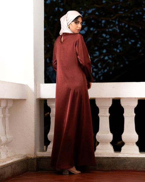 Crushed Satin Color-Block Long Sleeve Maxi Dress 59761